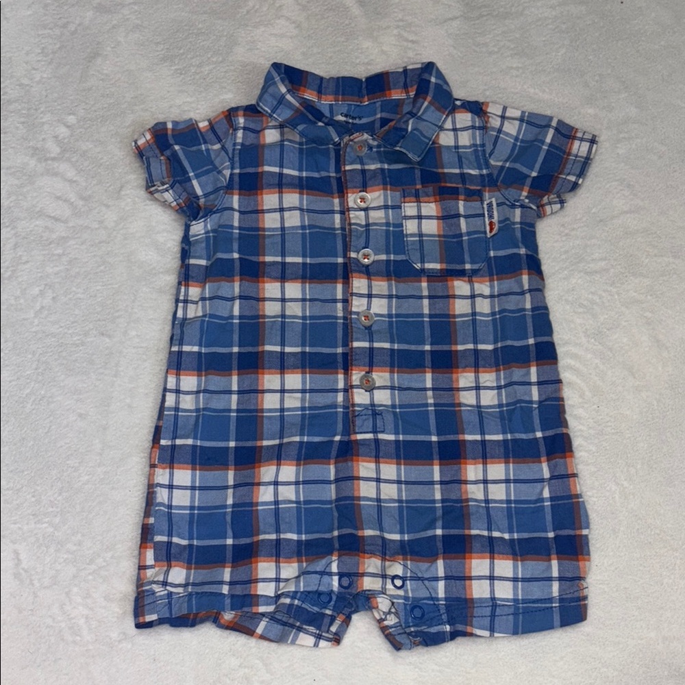 carters Blue and White Plaid Baby Romper 9 months